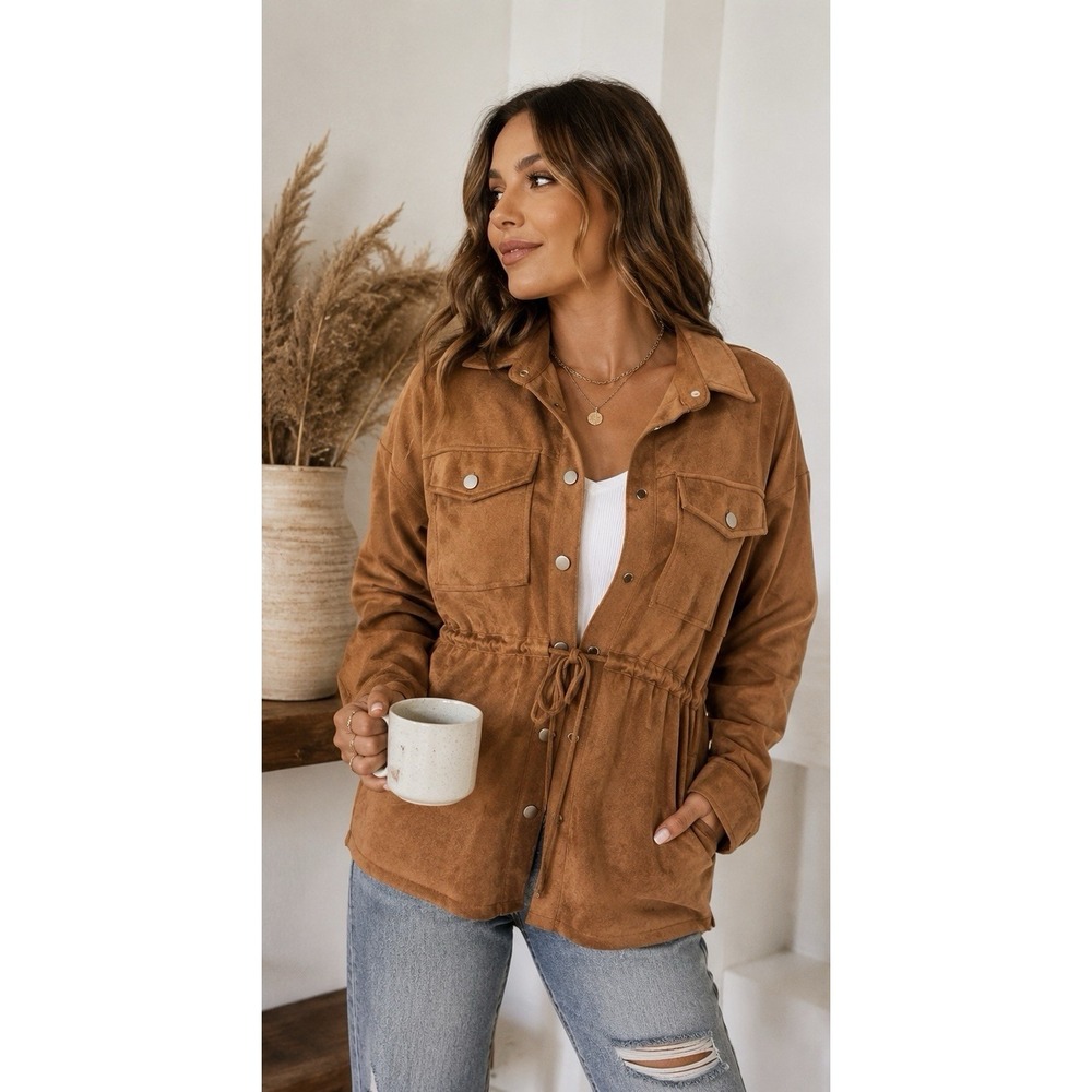 Cotton Bleu Faux Suede Utility Jacket Women's Medium Camel  Shacket Tie Waist